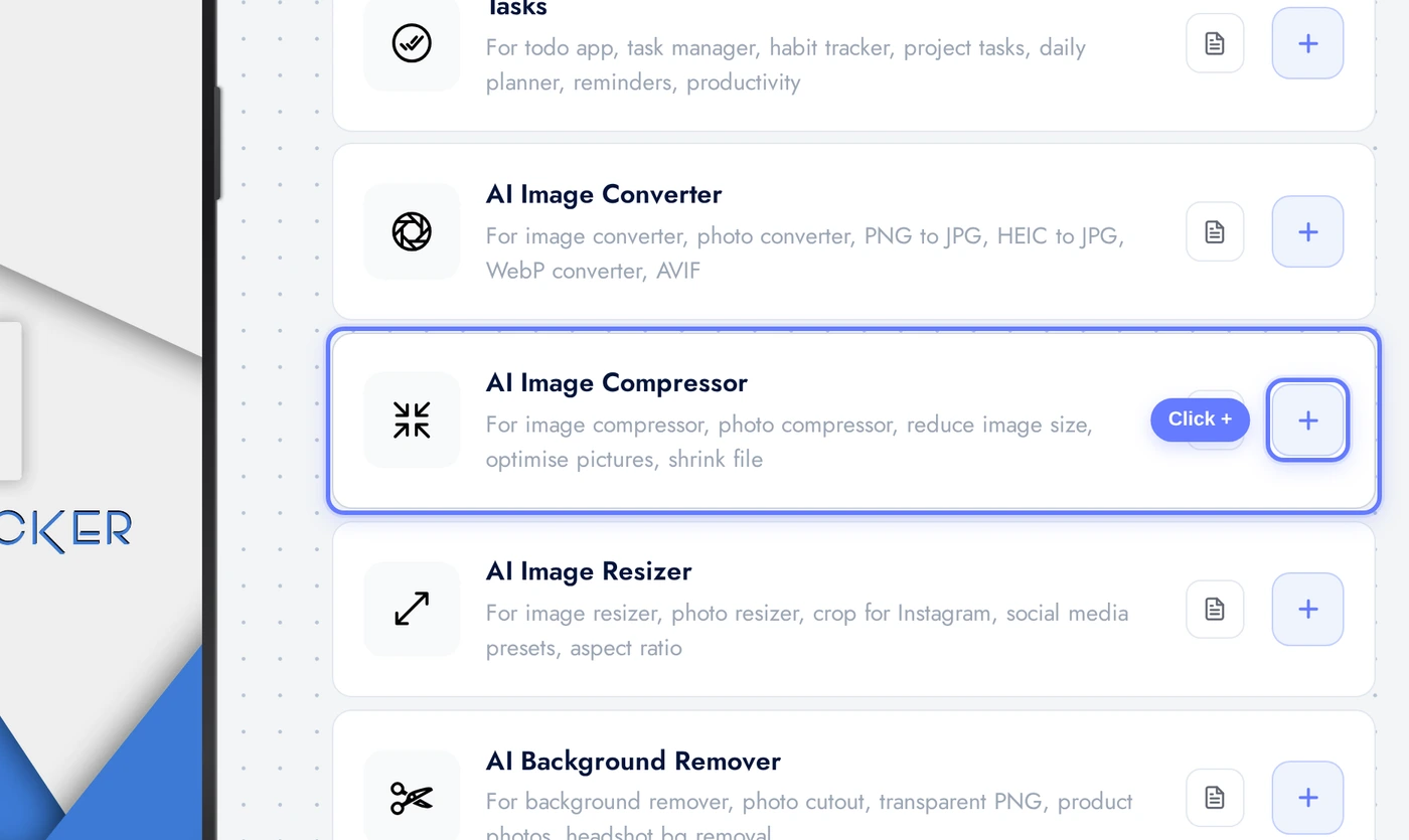 Add a Page list with the AI Image Compressor card highlighted and an arrow on its plus button