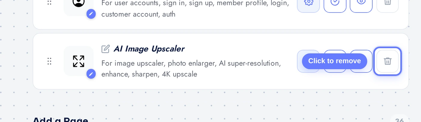 Features page with the AI Image Upscaler row and red remove button highlighted