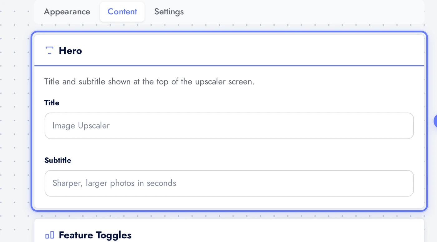 AI Image Upscaler Content tab Hero card