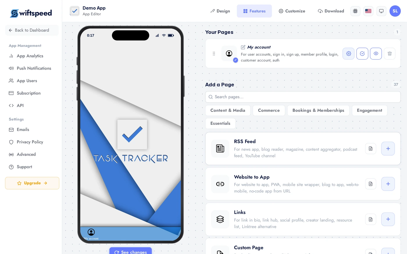 App editor Features tab with the available features list