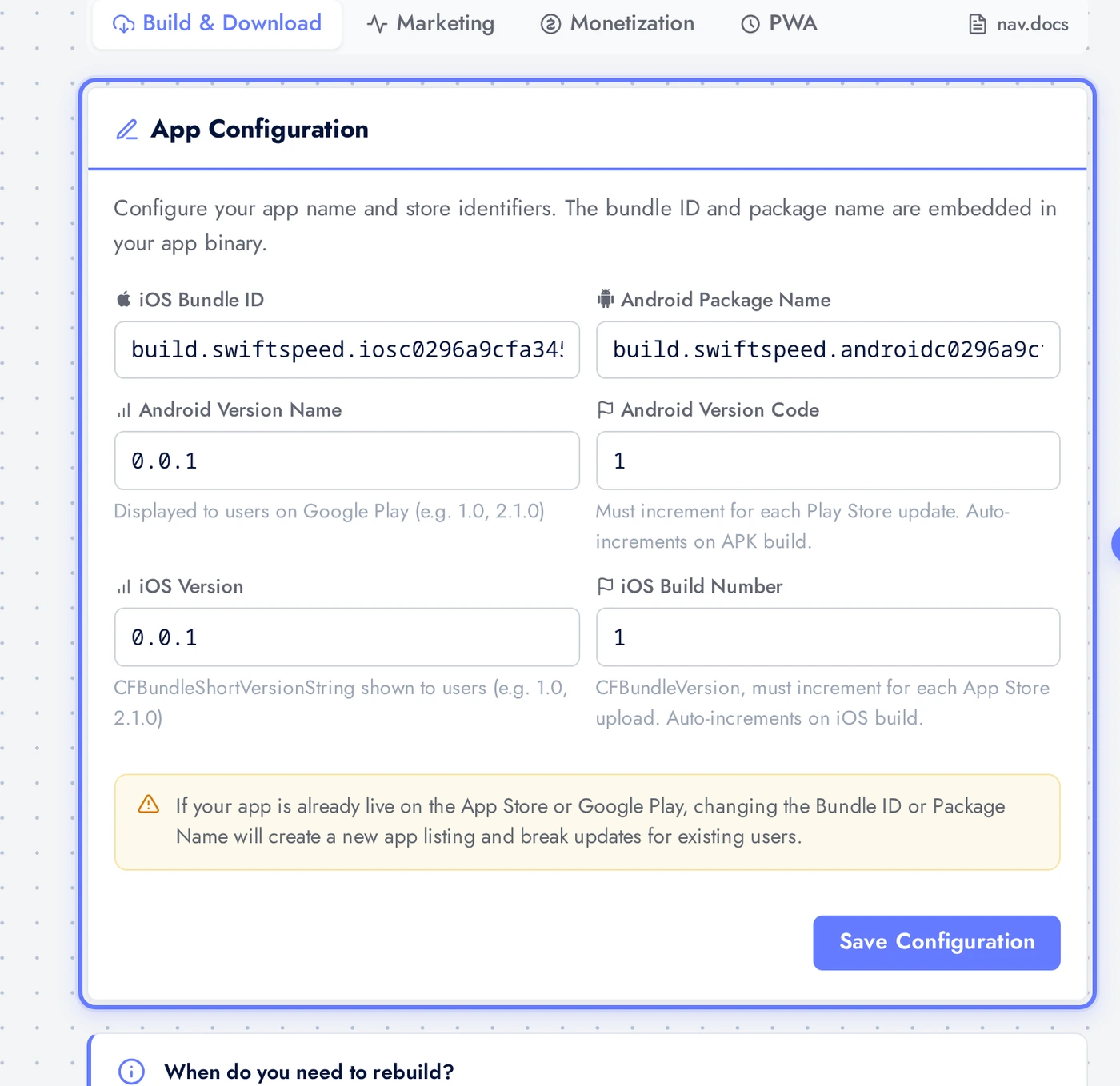 Publish > App Info card with Bundle ID, Build Number, Version fields