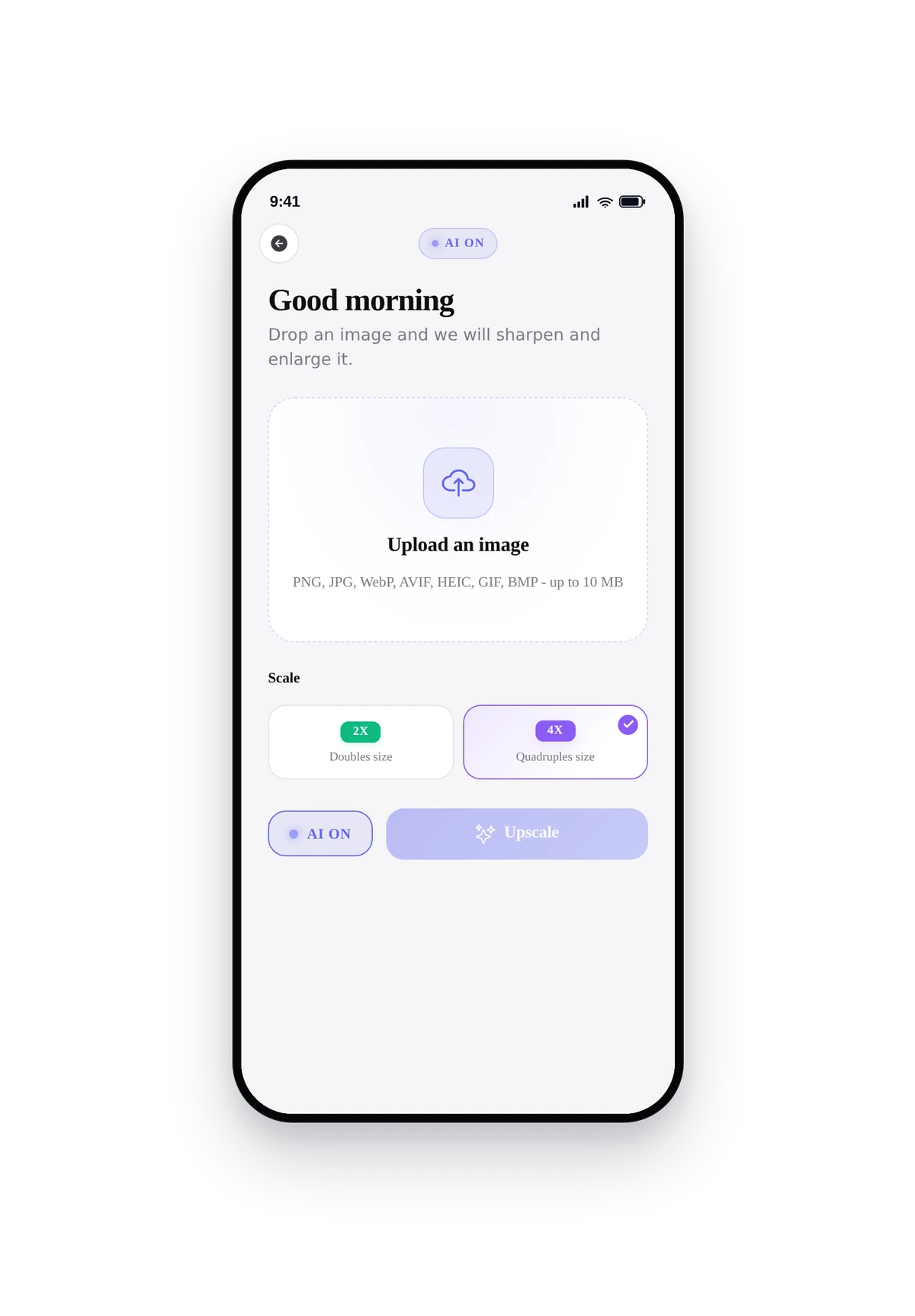 iPhone phone frame rendering the live AI Image Upscaler screen