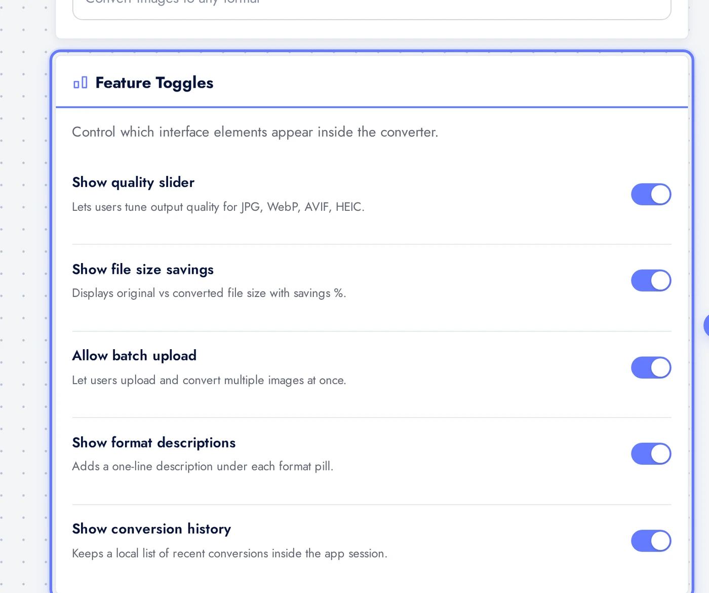 AI Image Converter Formats card showing WebP, AVIF, JPG, PNG, GIF, BMP, HEIC tiles