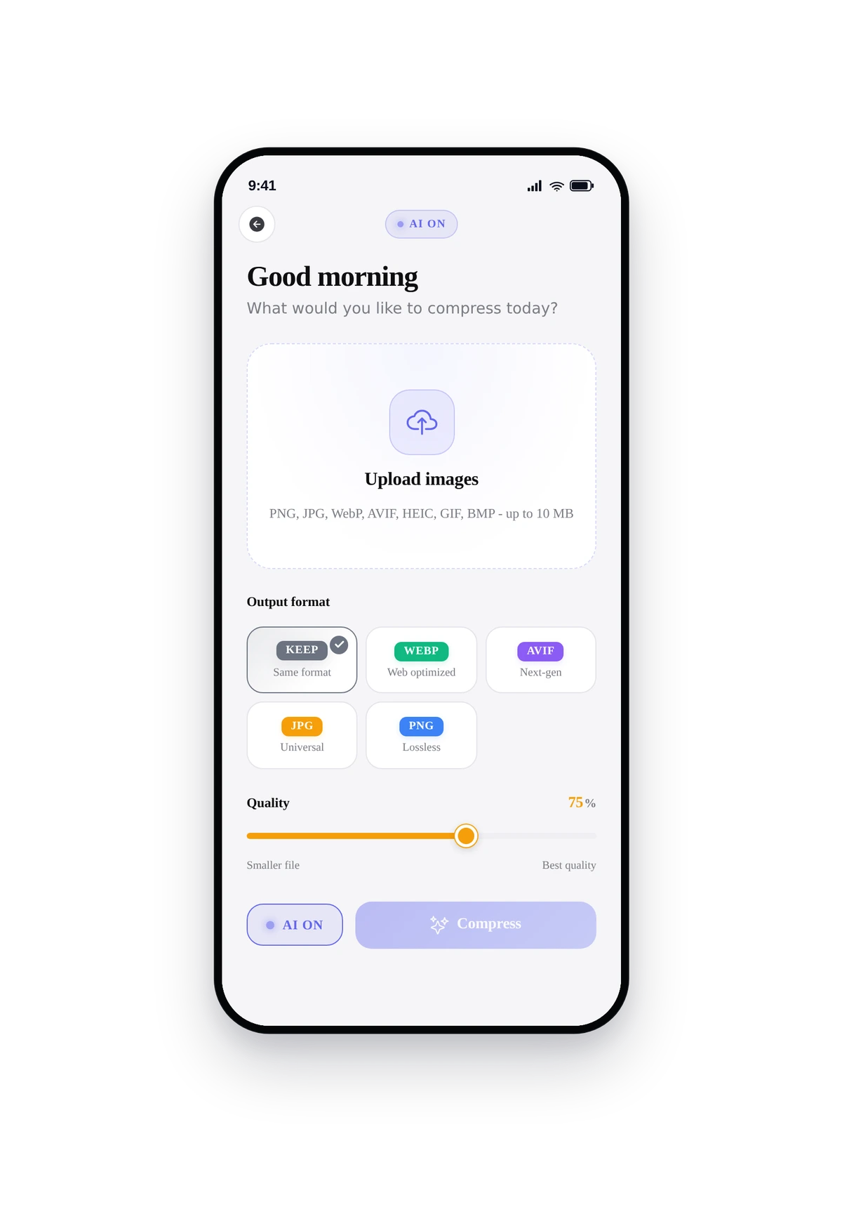 iPhone phone frame rendering the live AI Image Compressor screen with theme, hero, and format chips
