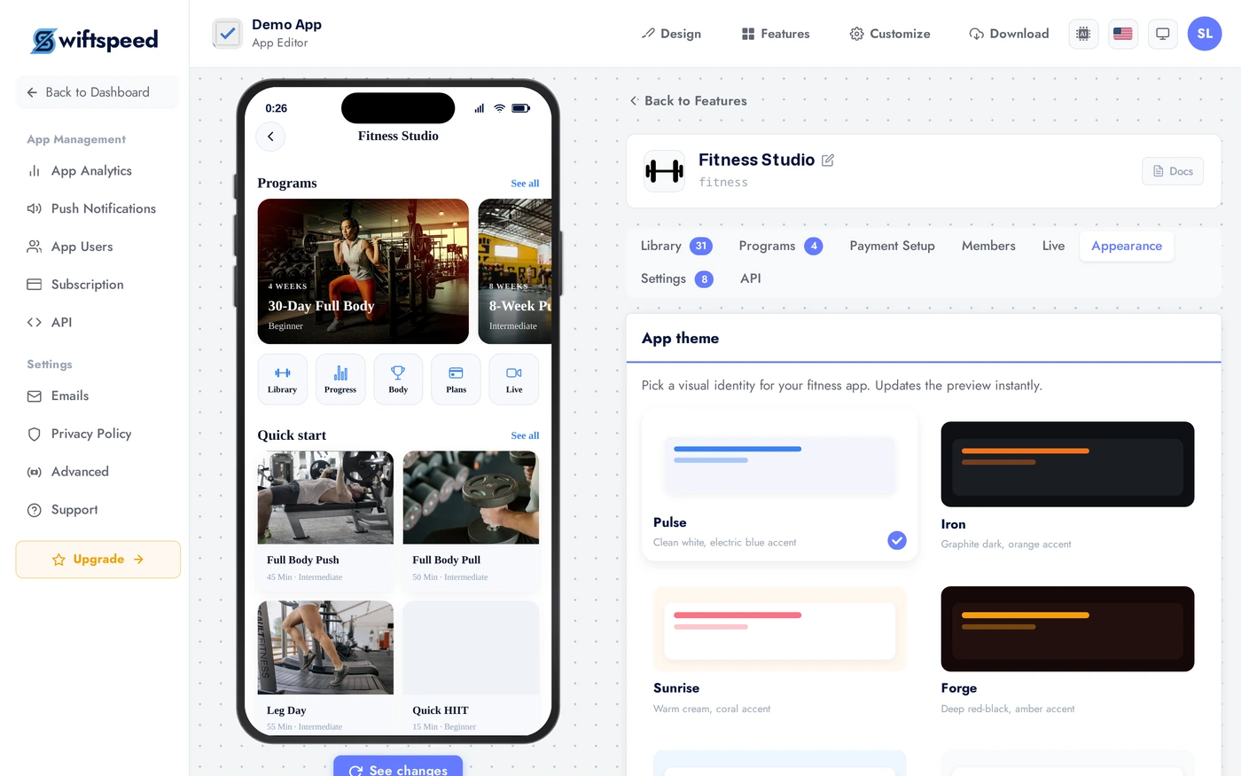 Fitness Studio Settings tab