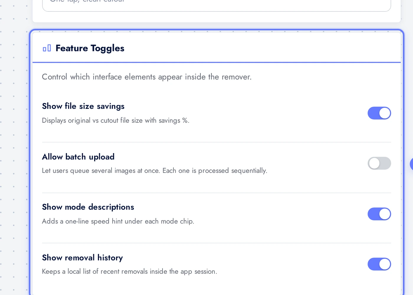 AI Background Remover Feature Toggles card