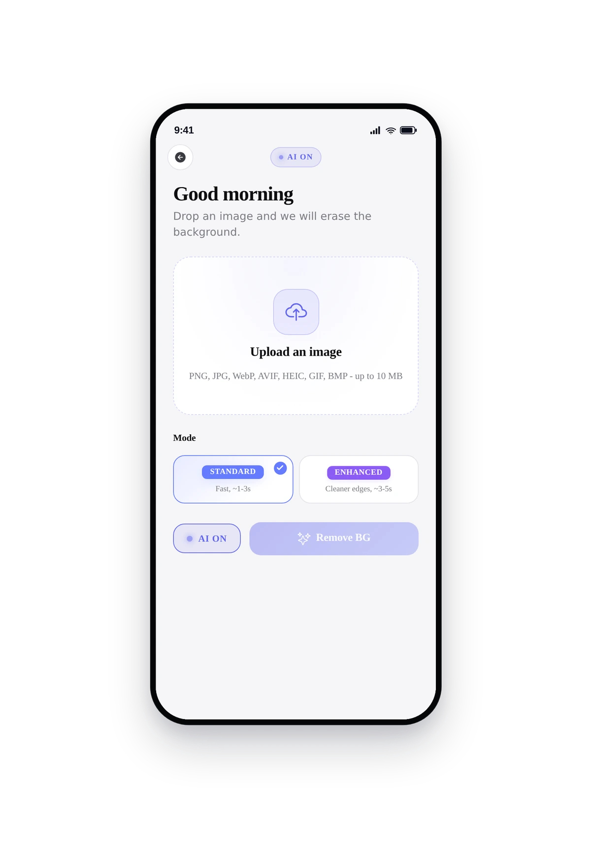 iPhone phone frame rendering the live AI Background Remover screen