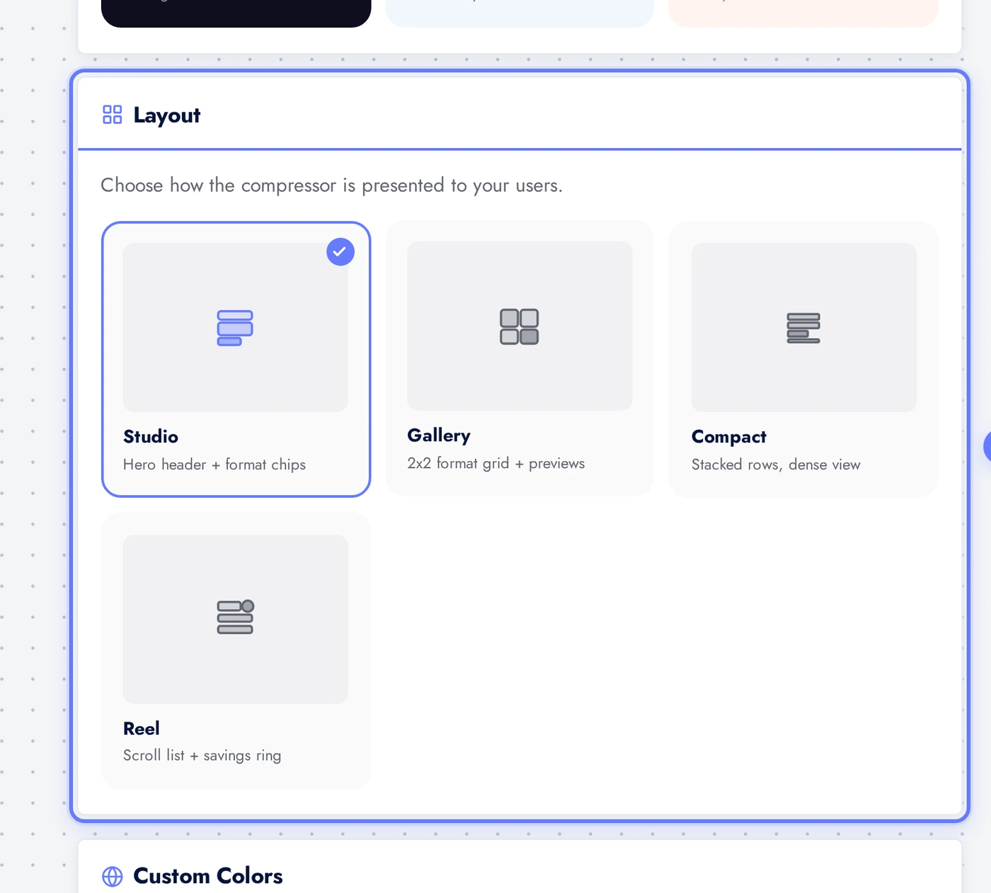 AI Image Compressor editor layout picker showing Studio, Gallery, Compact, and Reel layouts