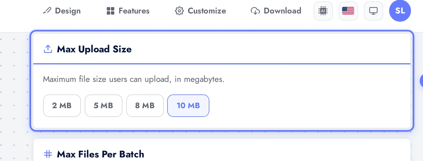 AI Image Resizer Settings tab showing Max Upload Size with 2, 5, 8, 10 MB pill row
