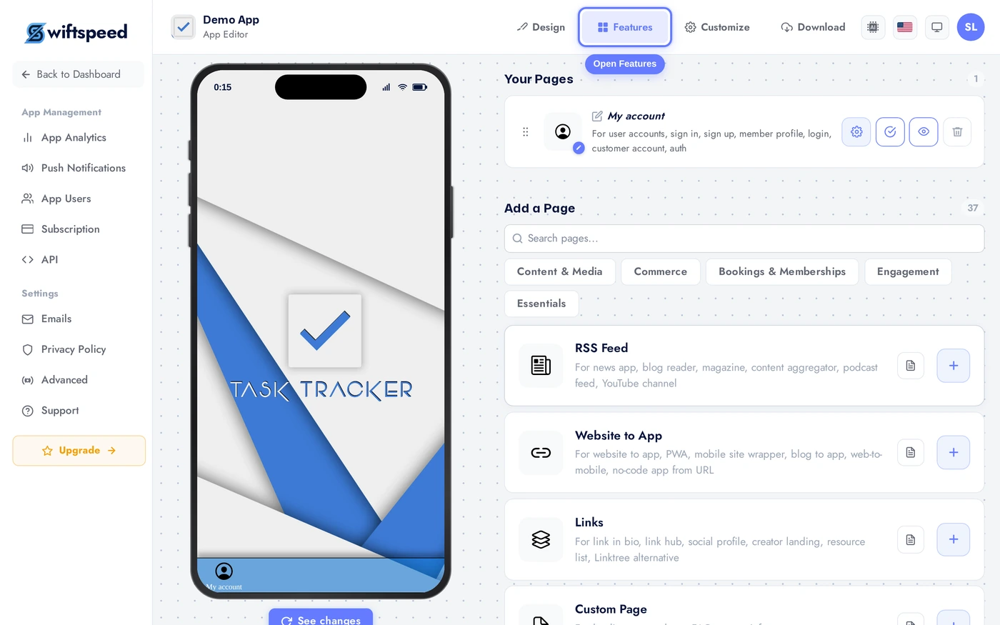 App editor with the Features tab open and the available features list visible