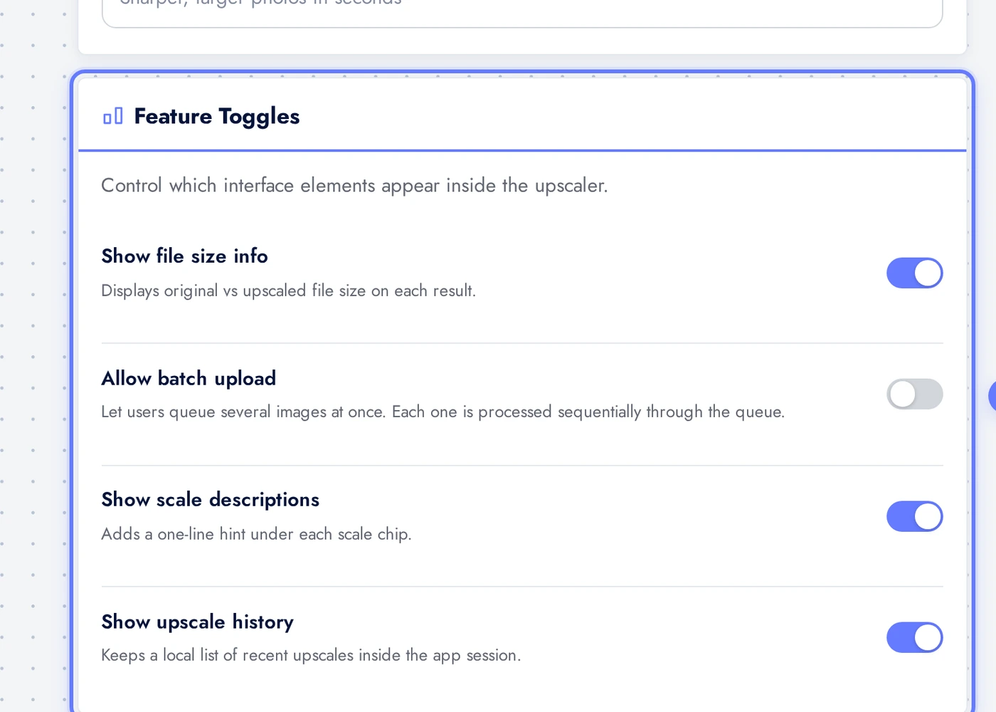 AI Image Upscaler Feature Toggles card