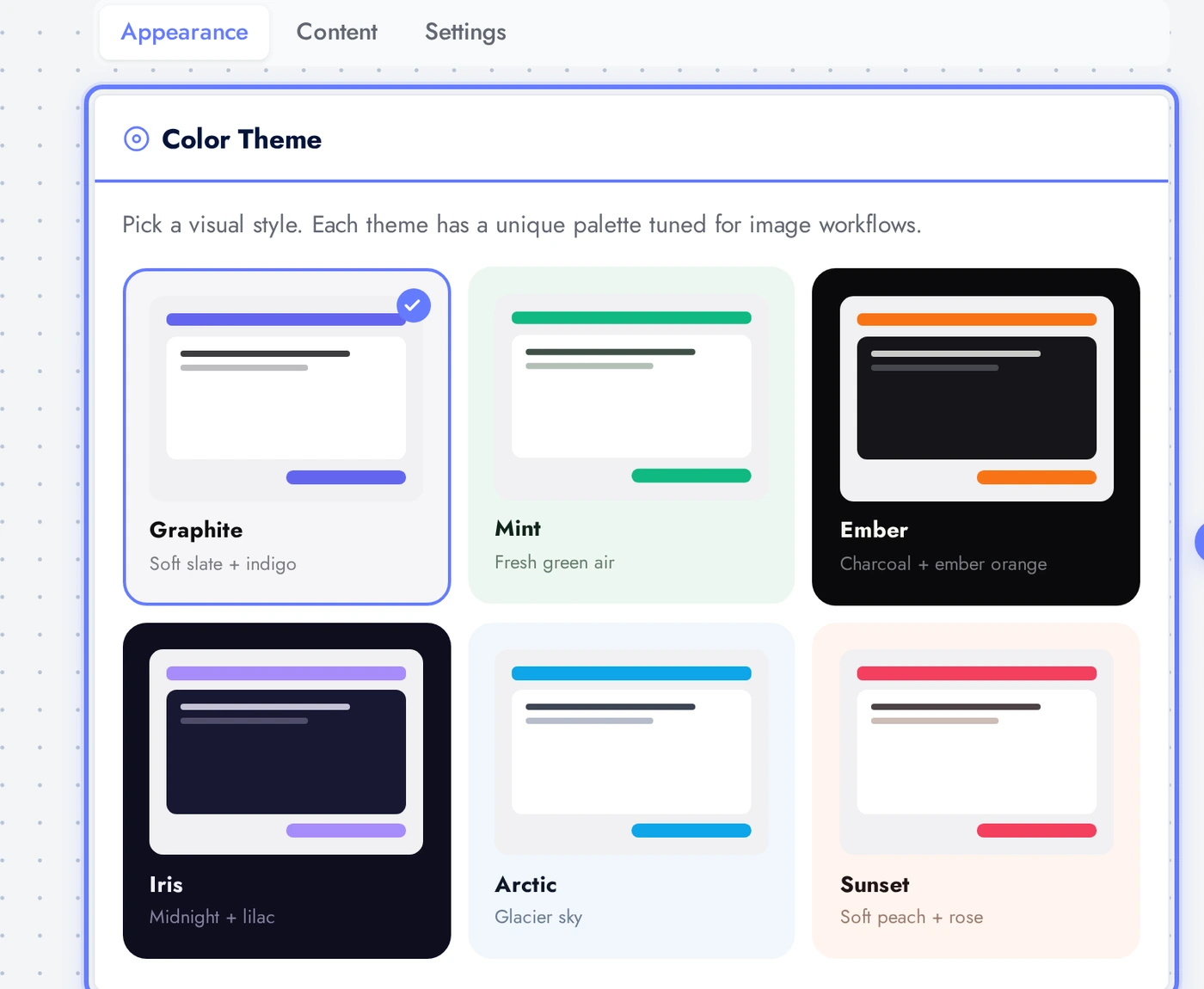 AI Background Remover Appearance tab with six theme cards