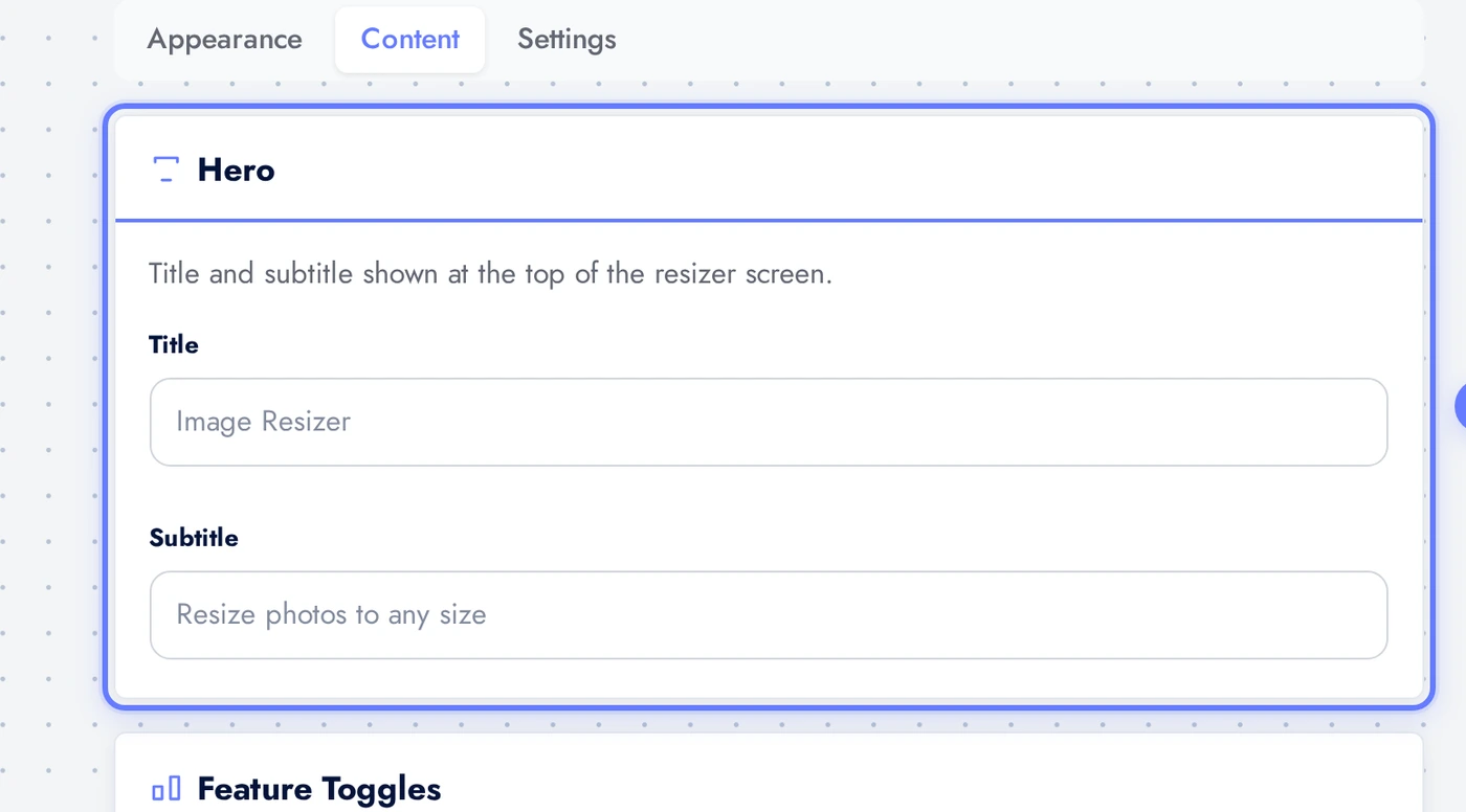 AI Image Resizer Content tab Hero card with title and subtitle fields