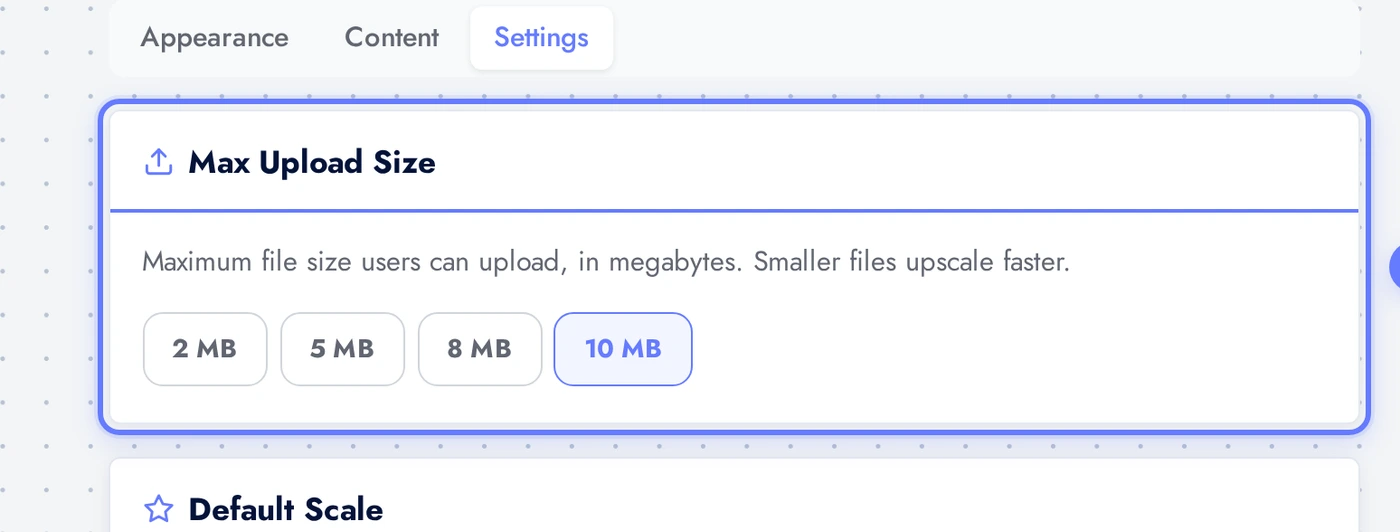 AI Image Upscaler Max Upload Size pill row