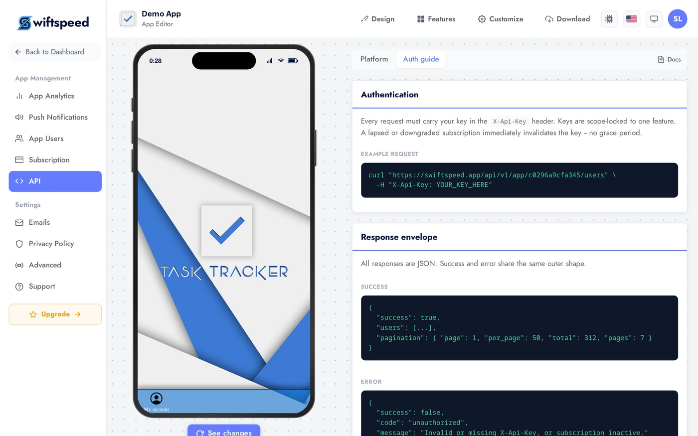 API Auth guide tab showing base URL, headers, endpoint list