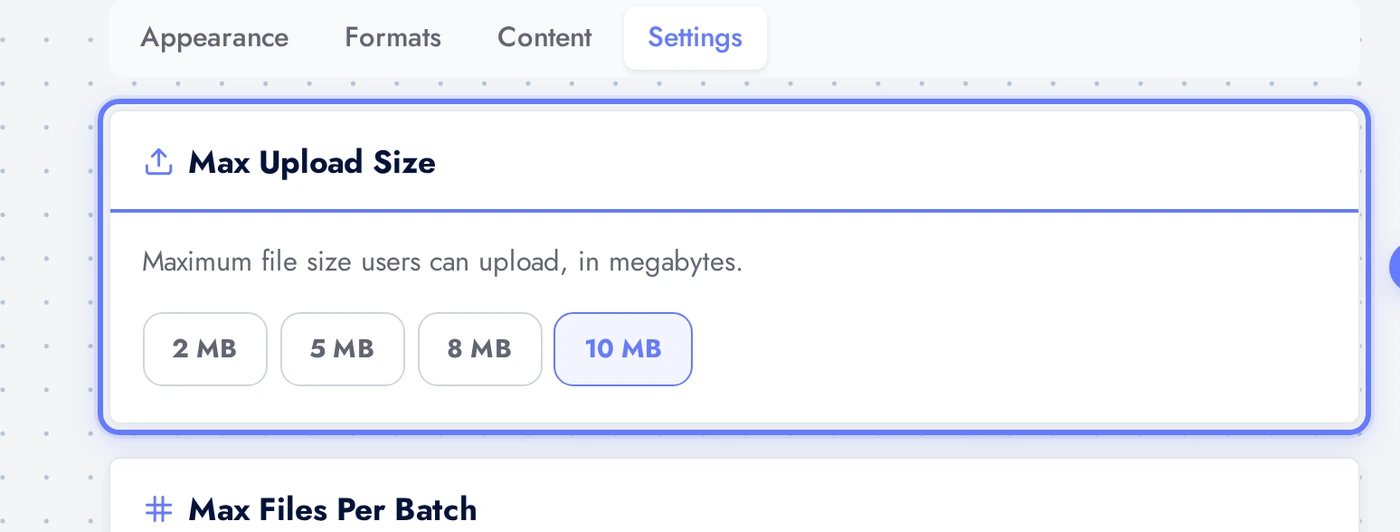 AI Image Converter Settings tab Max Upload Size pill row