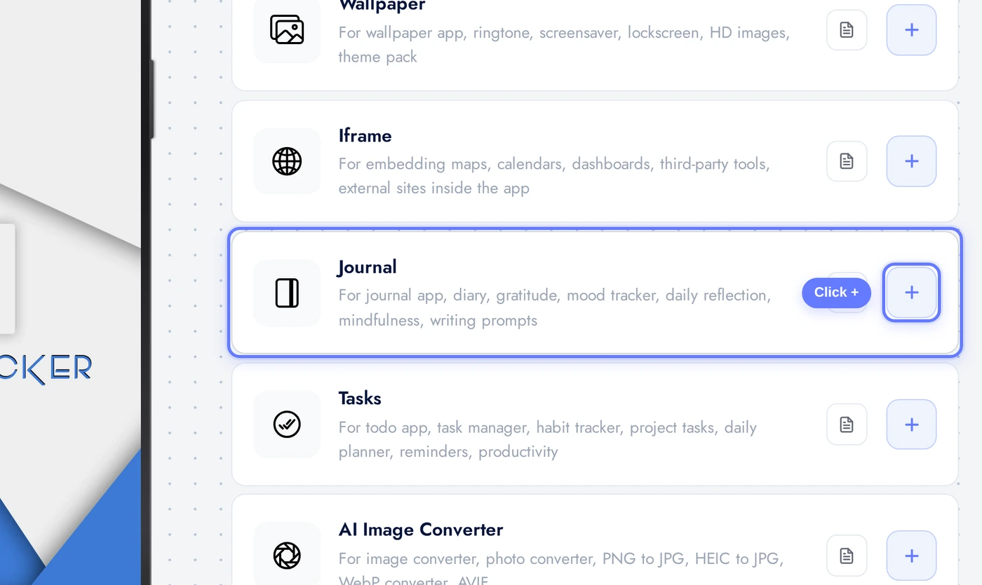 Add a Page list with the Journal card highlighted