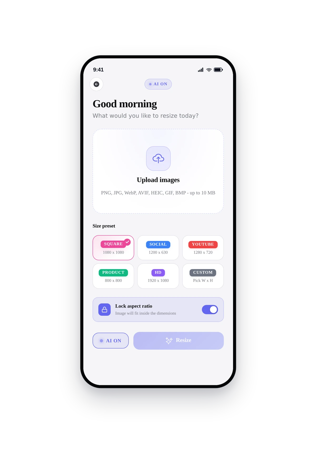 iPhone phone frame rendering the live AI Image Resizer with preset chips and upload area