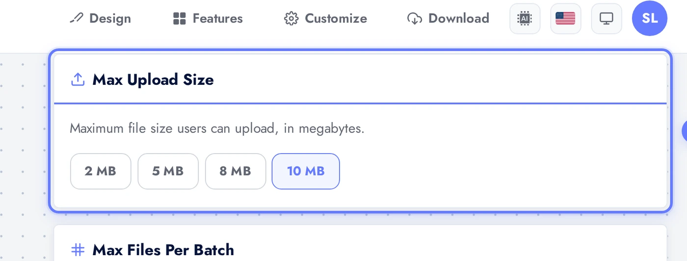 AI Image Compressor Settings tab showing the Max Upload Size pill row with 2, 5, 8, 10 MB options