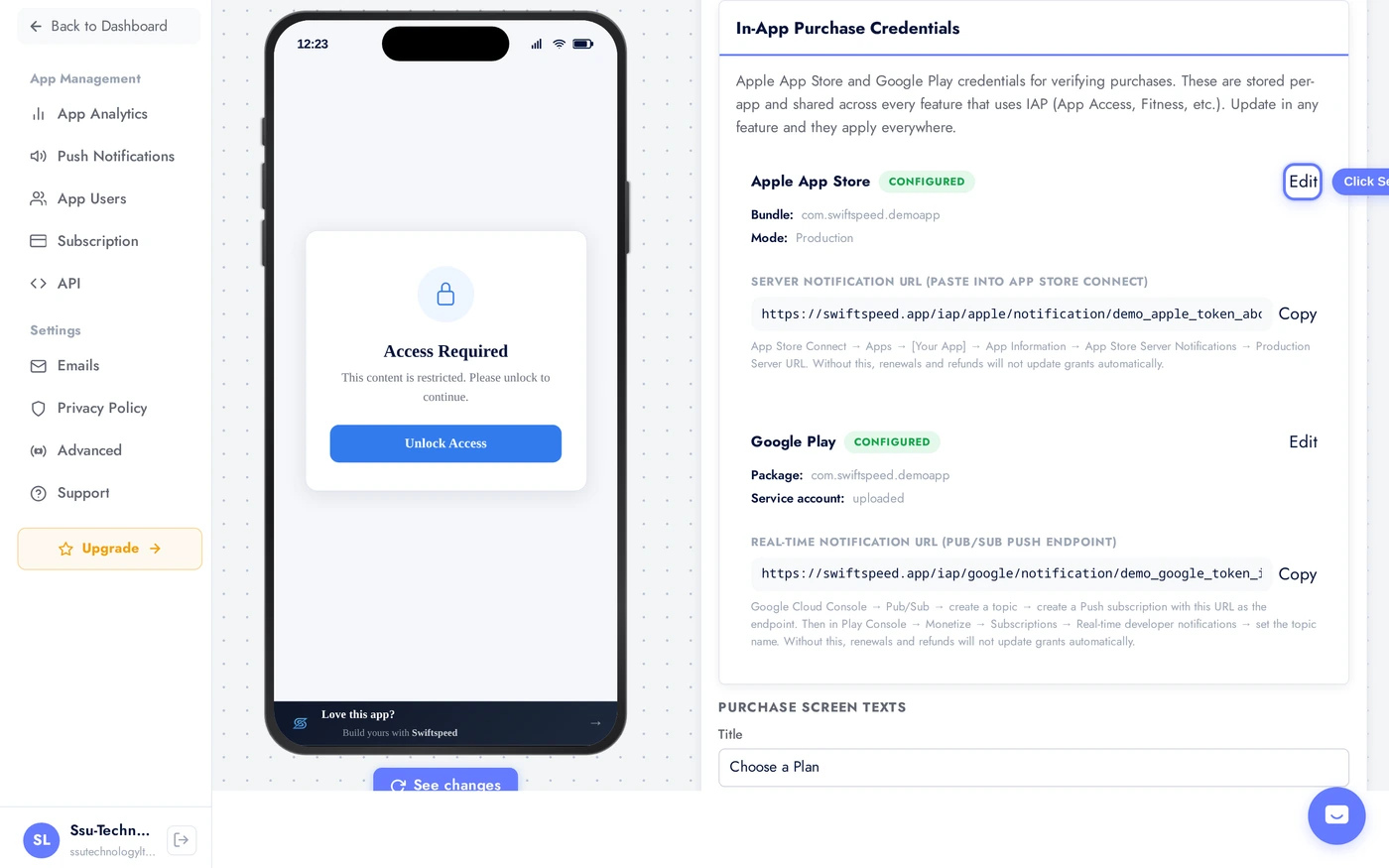 IAP credentials card with Apple section visible