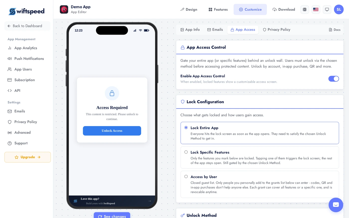 Lock entire app option selected