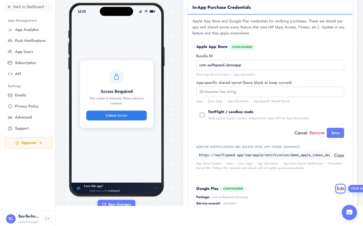Google Play section of the credentials card with Set up button
