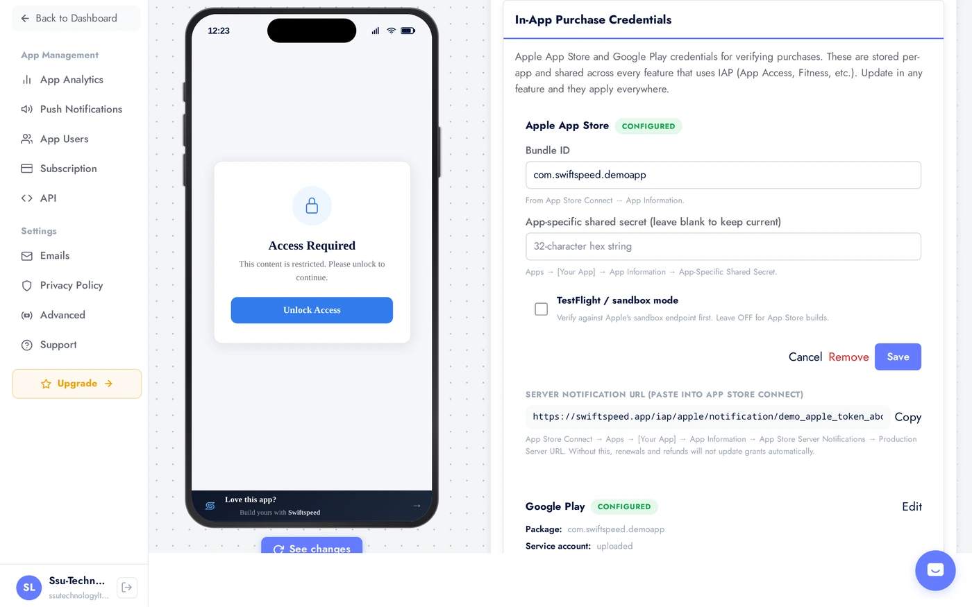Apple credentials form with Bundle ID and Shared Secret fields