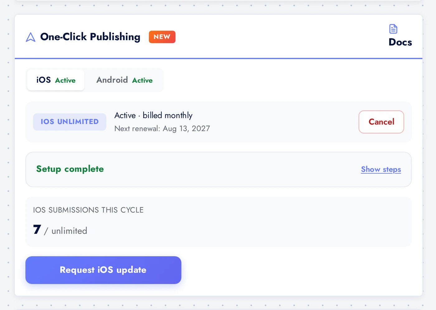 The Publishing card on the Swiftspeed editor Publish Infos page, showing the iOS and Android toggle plus the setup checklist