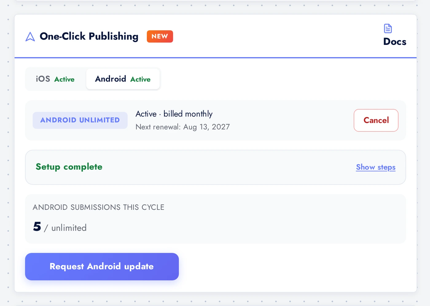 Publishing card with Android tab selected, showing the three-step setup checklist starting with the Google Play developer email
