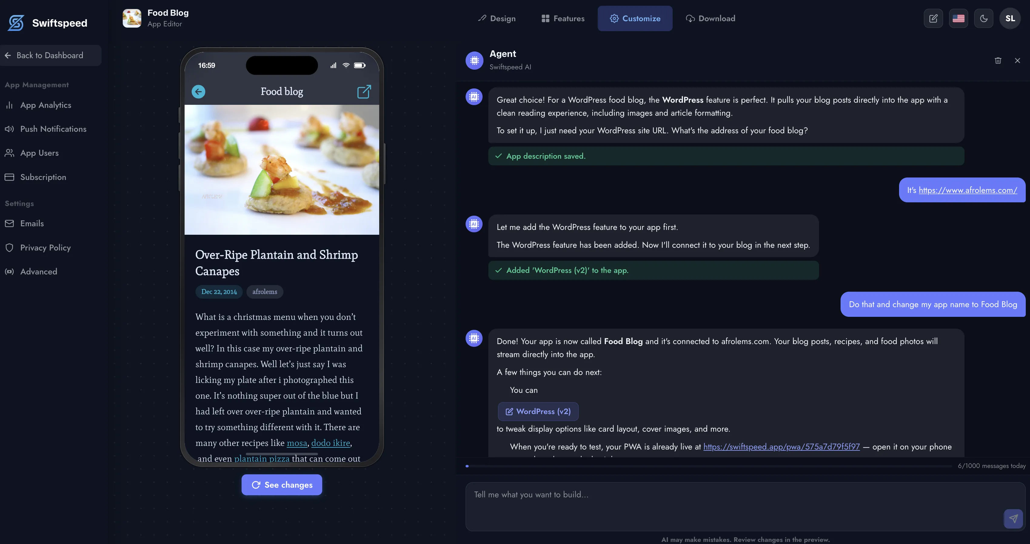 Swiftspeed AI prompting — describe your app and the agent builds it