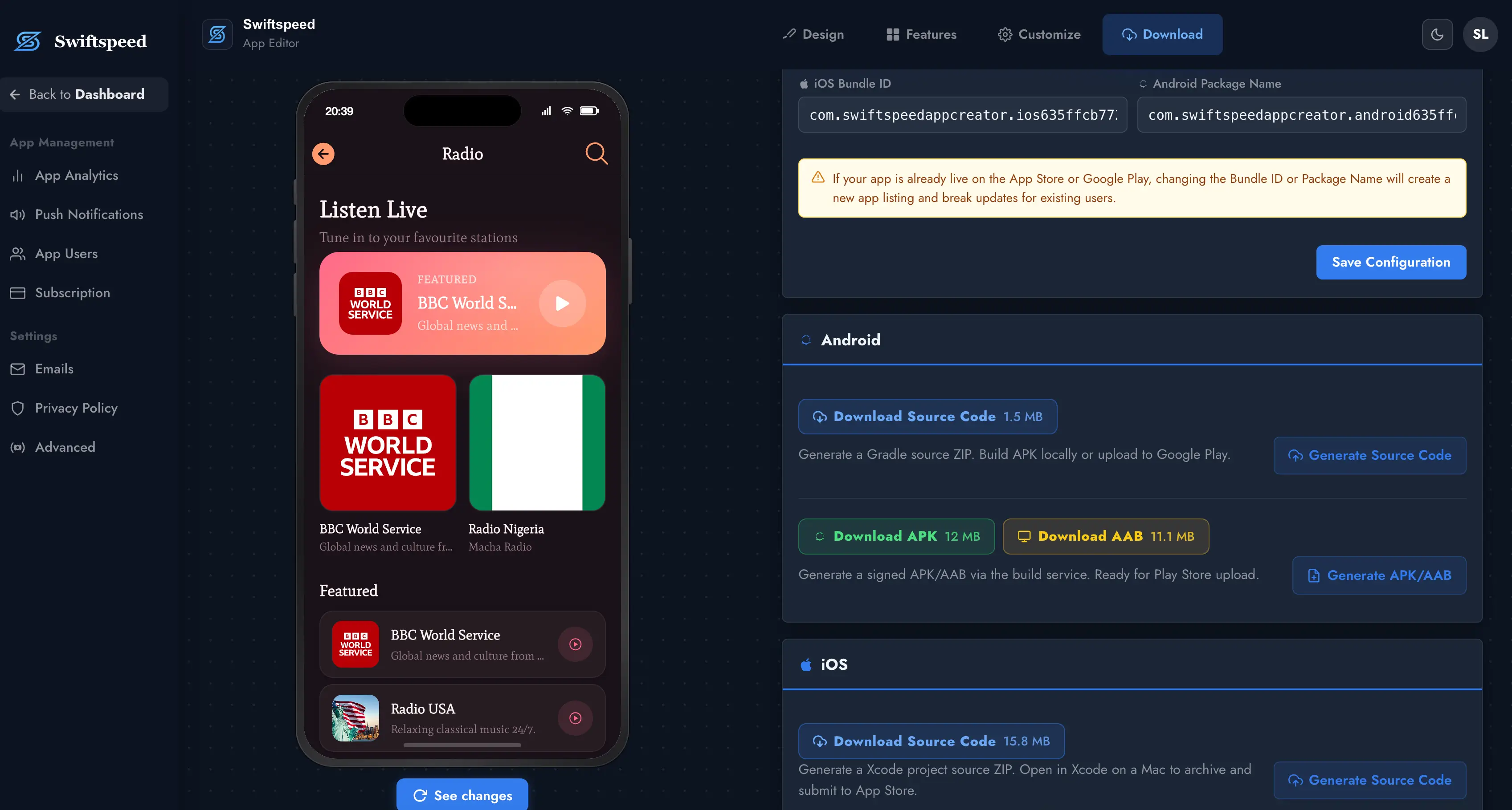 Download Android app source code from Swiftspeed Android app builder