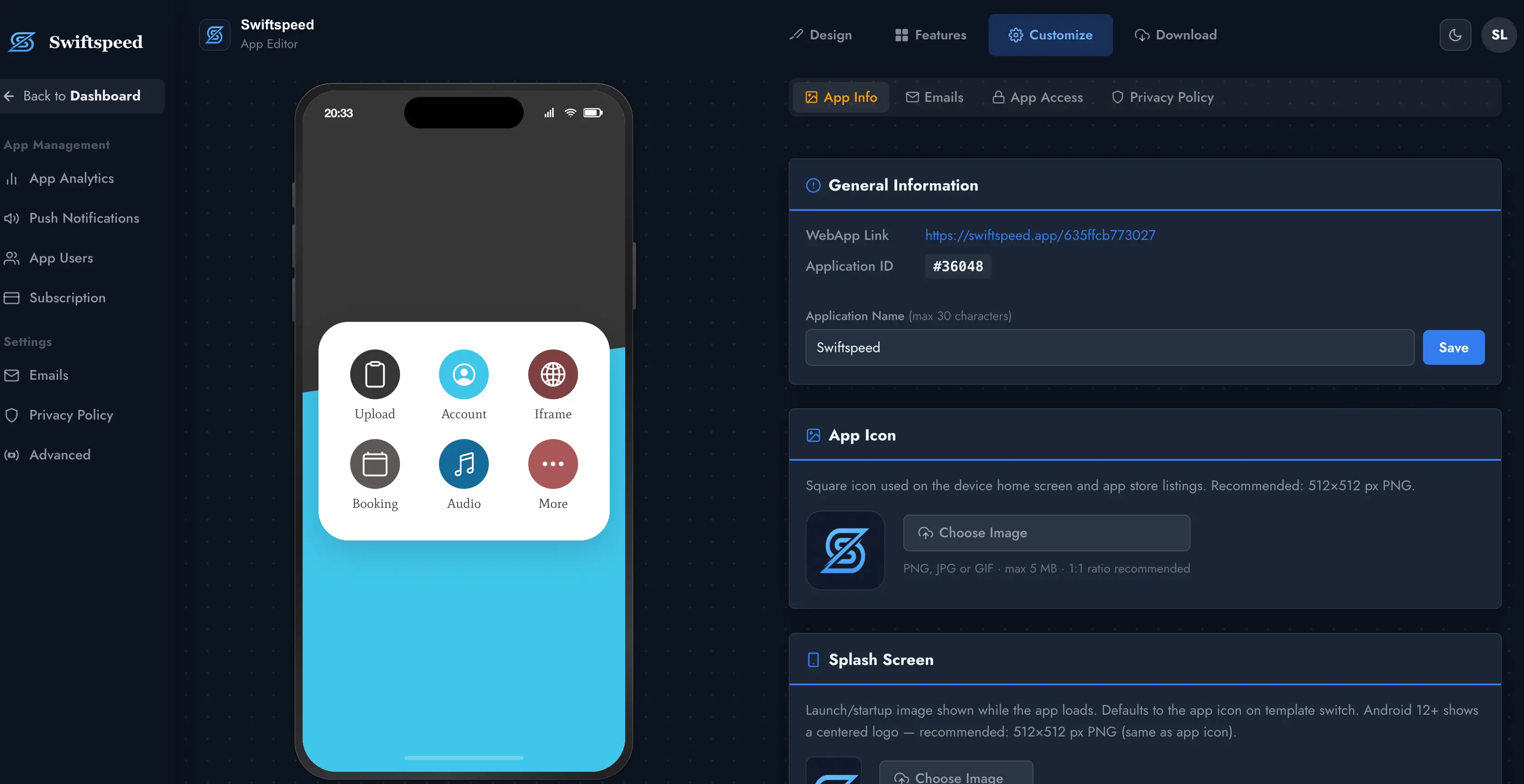 Swiftspeed visual editor with real-time template customization and mobile preview