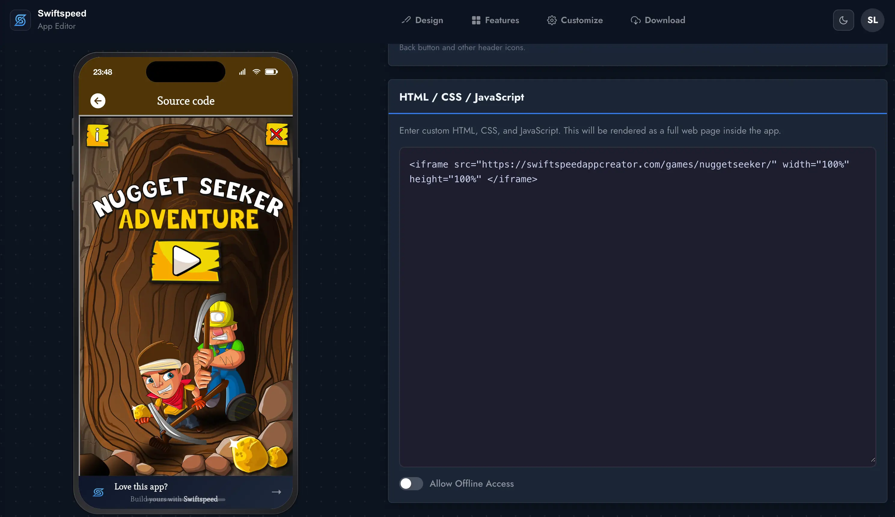 Swiftspeed game app maker — Source Code editor with live phone preview