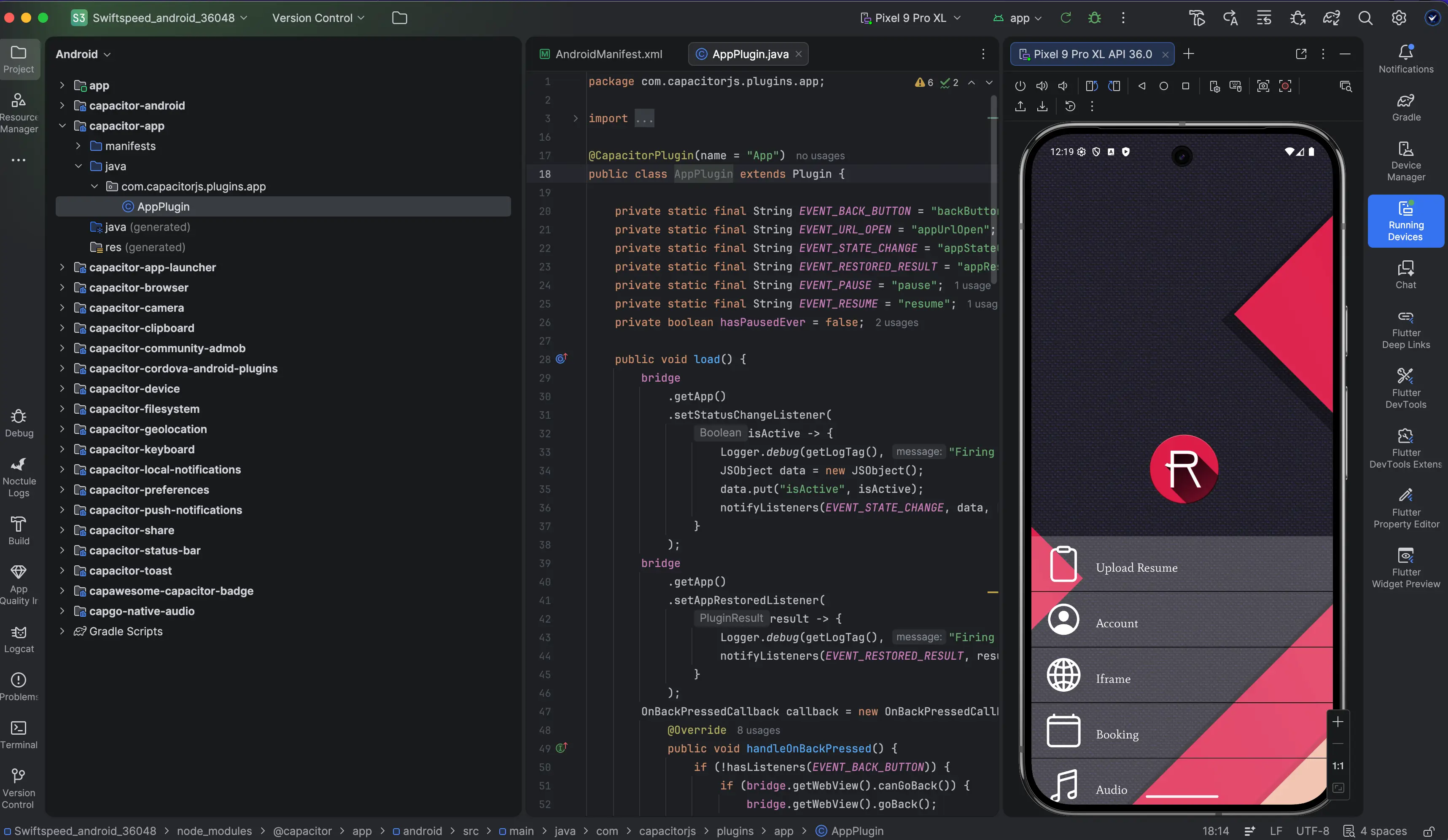 Swiftspeed app source code open in Android Studio with emulator