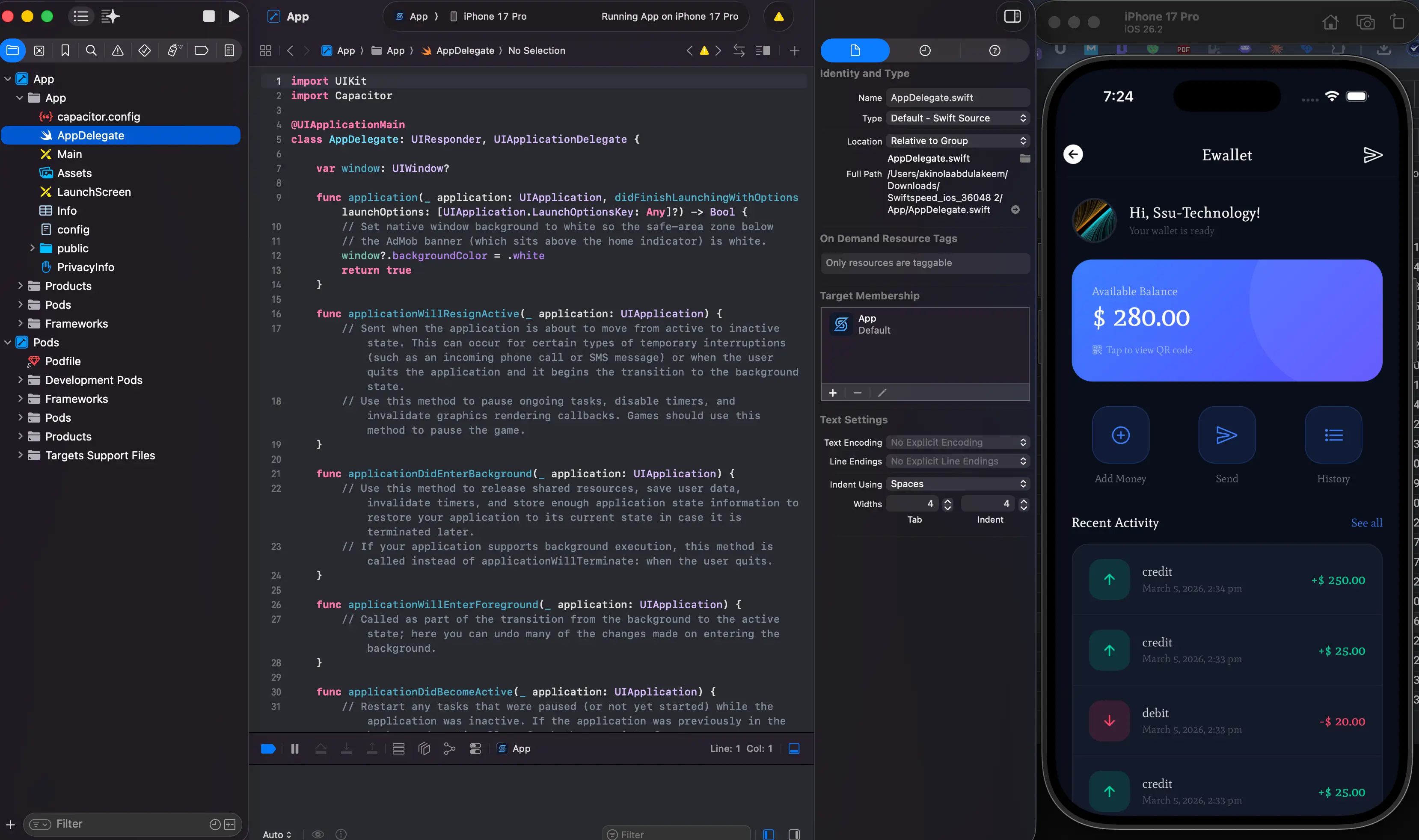 Swiftspeed project running in Xcode with iPhone simulator
