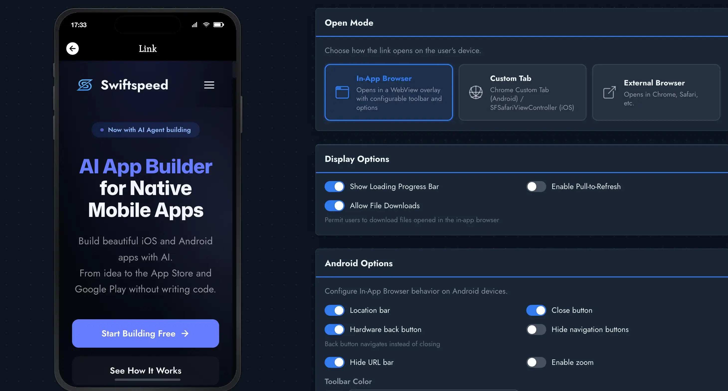 Swiftspeed Weblink editor, convert any website to a native app with in-app browser, custom tabs, and display options