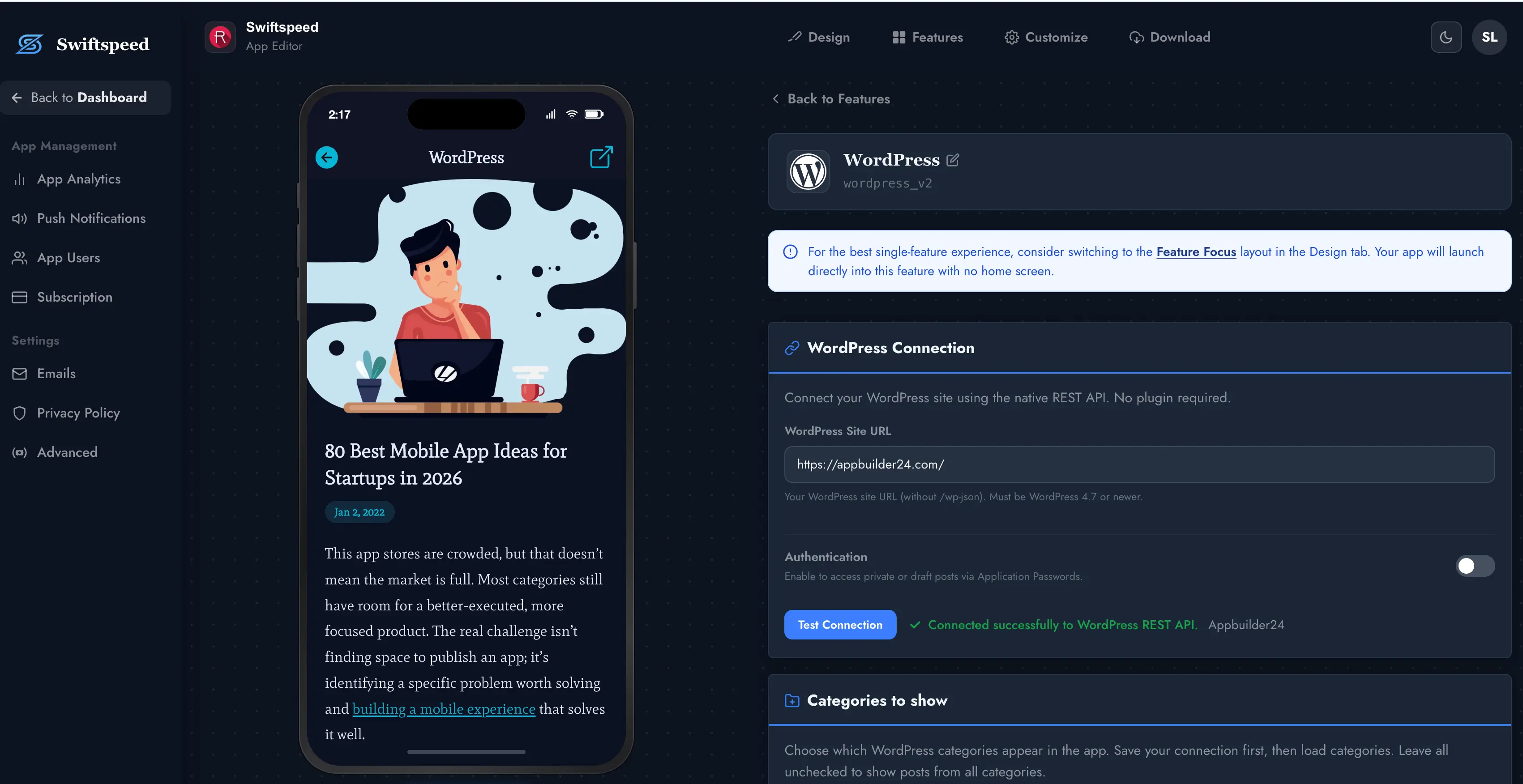 Swiftspeed WordPress editor, connect via REST API with native post layouts, categories, and search