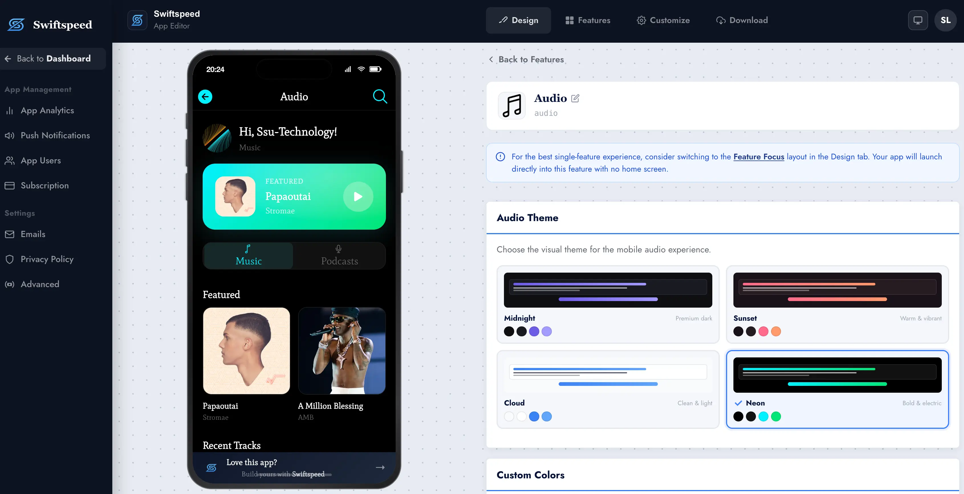 Swiftspeed Android app builder visual editor interface
