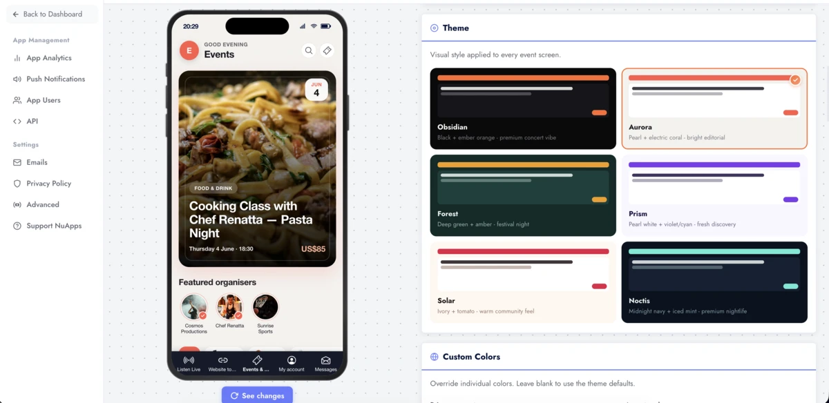 Swiftspeed editor showing the configured features and theme picker inside the AI app builder